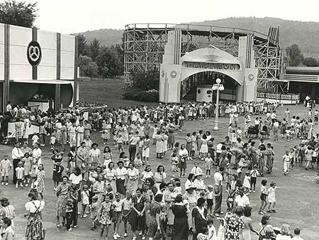 The Pretzel dark ride, Thunderbolt roller coaster and Dodge ’Em bumper cars (shown above, left to right) were just three of the Carsonia Park rides enjoyed by the youthful author. The 1932 Thunderbolt was the work of top coaster designer John Miller. Miller is generally considered the father of the modern coaster. He patented a number of safety features that are still used on coasters today. — 1940s photograph by Walter A. Romanski, from the Passing Scene, Vol. 2