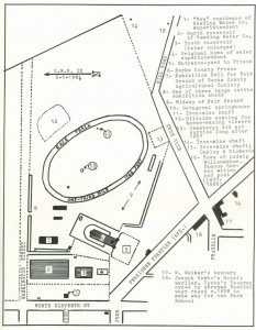 The above rendering, showing the area in and around the developed portion of Penn's Common, is based on Geil & Shrope's wall map of Reading, published in 1857.The land north of Washington Street, actually a part of "the Commons," was under the control of the county commissioners at the time. From 1854 to 1887, the Berks County Agricultural Society had exclusive use of 39 acres of prime parkland as a site for its annual fair.