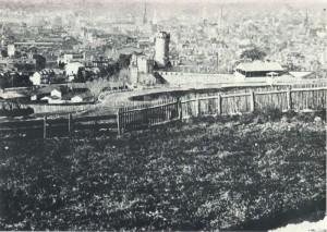 This rare view of the Penn's Common fairground, taken in the mid-1870's, looks northwestward from about the present-day intersection of Hill Road and Clymer Street. Notice to what extent the racetrack stands above the fairground buildings to the left. Notice, too, the 159-foot-long grandstand along the western length of the track.