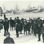 Ice skaters on the covered-over reservoir. Notice in the background the original greenhouse and the original St. Joseph Hospital.