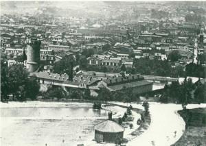  This photo, taken in Penn's Common, looks west-southwestward into Reading. Notice in the foreground the early, octagonal springhouse which also appears in an accompanying lithograph. Directly below the springhouse is "the lake", which once had a bridge crossing it. Contrasting this view with the 1857 Geil & Shrope map makes one aware to what degree the park changed over the years. On the map the springhouse appears nowhere near any roadway.